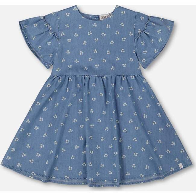 Printed Chambray Dress, Blue And White Cherries