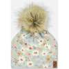 Pompom Hat, Small White Flowers On Turquoise And Lilac - Hats - 1 - thumbnail