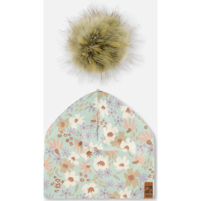 Pompom Hat, Small White Flowers On Turquoise And Lilac - Hats - 4