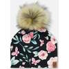 Pompom Hat, Pink, Black, And Flowers - Hats - 1 - thumbnail