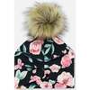 Pompom Hat, Pink, Black, And Flowers - Hats - 2