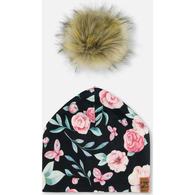 Pompom Hat, Pink, Black, And Flowers - Hats - 3