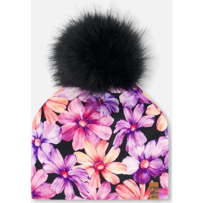 Pompom Hat, Black With Pink And Orange Flowers