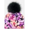 Pompom Hat, Black With Pink And Orange Flowers - Hats - 1 - thumbnail