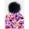 Pompom Hat, Black With Pink And Orange Flowers - Hats - 2