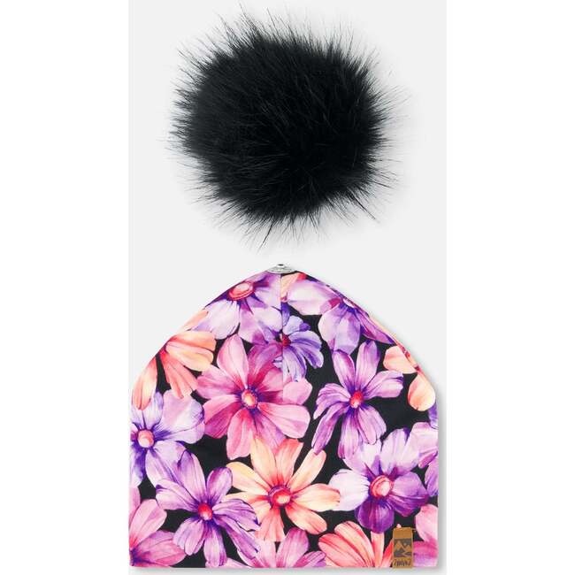 Pompom Hat, Black With Pink And Orange Flowers - Hats - 3