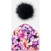 Pompom Hat, Black With Pink And Orange Flowers - Hats - 3