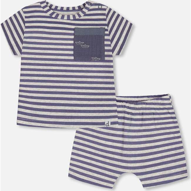 Organic Cotton Short Sleeve Top And Short Set, Striped Navy