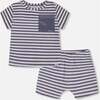 Organic Cotton Short Sleeve Top And Short Set, Striped Navy - Mixed Apparel Set - 1 - thumbnail