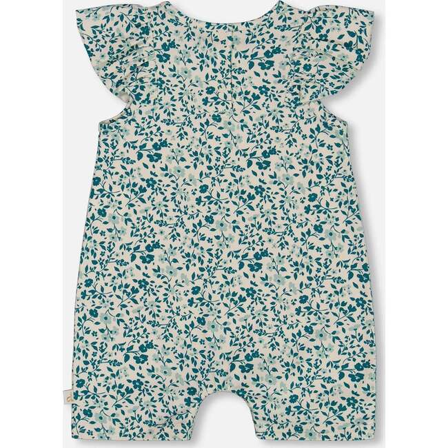 Organic Cotton Romper With Frills, Small Turquoise Flowers - Rompers - 2