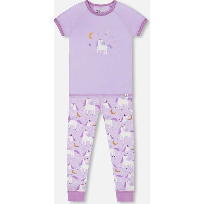 Organic Cotton Short Sleeve Top And Pant Pajama Set, White Unicorn On Mauve