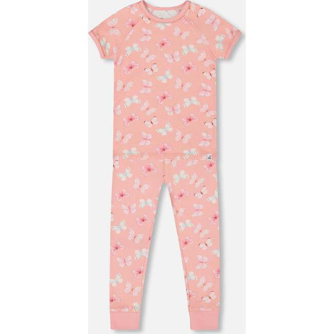 Organic Cotton Short Sleeve Top And Pant Pajama Set, Pink And Blue Butterflies On Old Pink