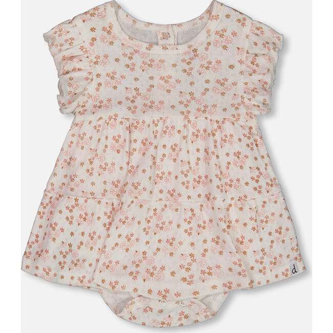 Organic Cotton Pointelle Romper, White With Pink Flowers