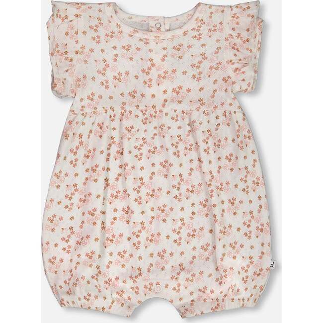 Organic Cotton Pointelle Romper With Frills, White With Pink Flowers