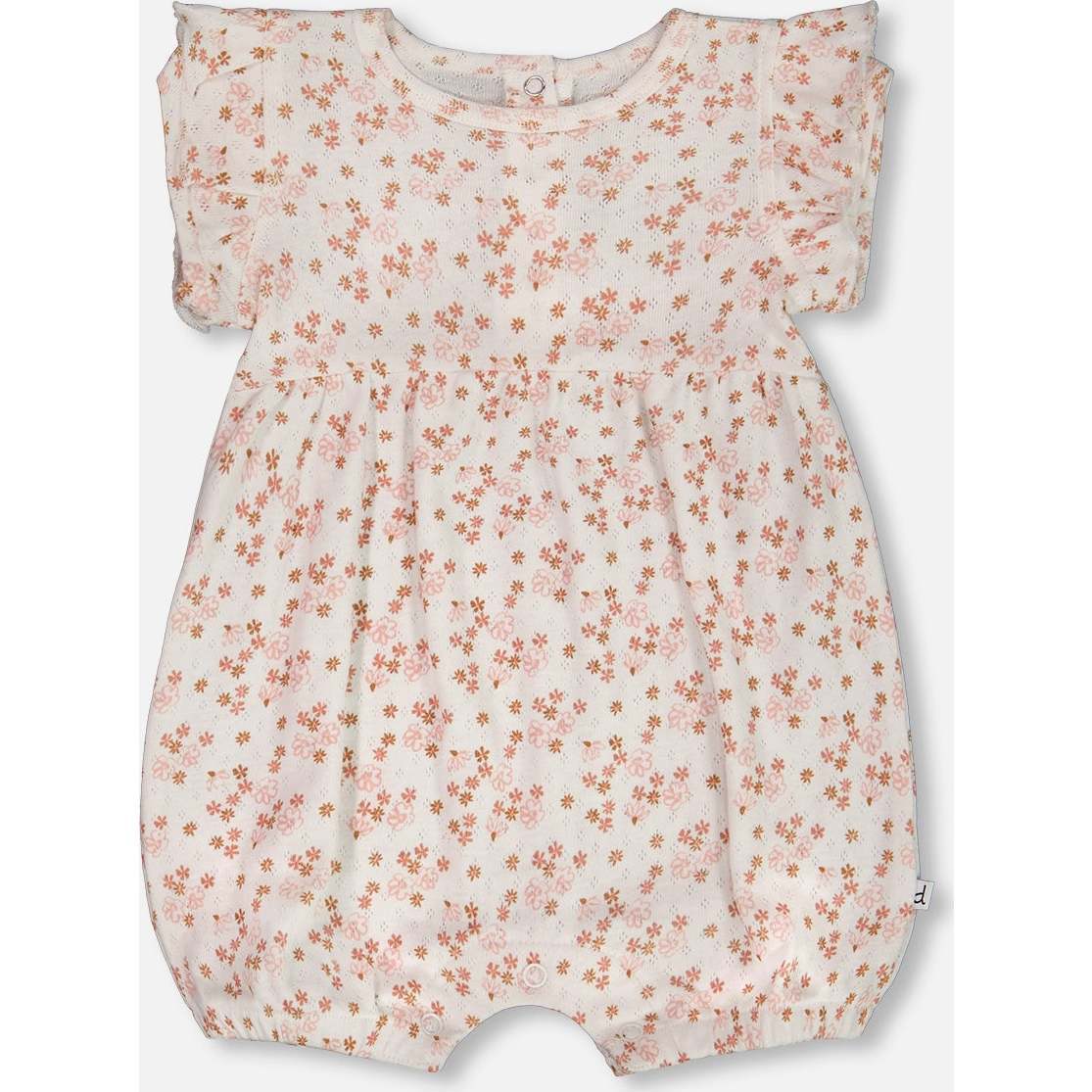 Organic Cotton Pointelle Romper With Frills, White With Pink Flowers - Rompers - 1