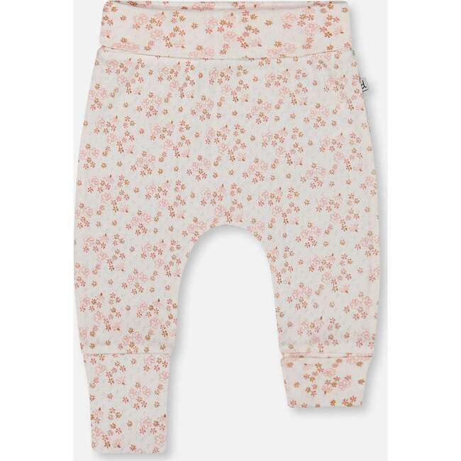 Organic Cotton Pointelle Evolutive Pant, White With Pink Flowers