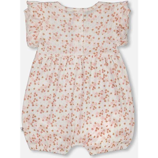 Organic Cotton Pointelle Romper With Frills, White With Pink Flowers - Rompers - 2