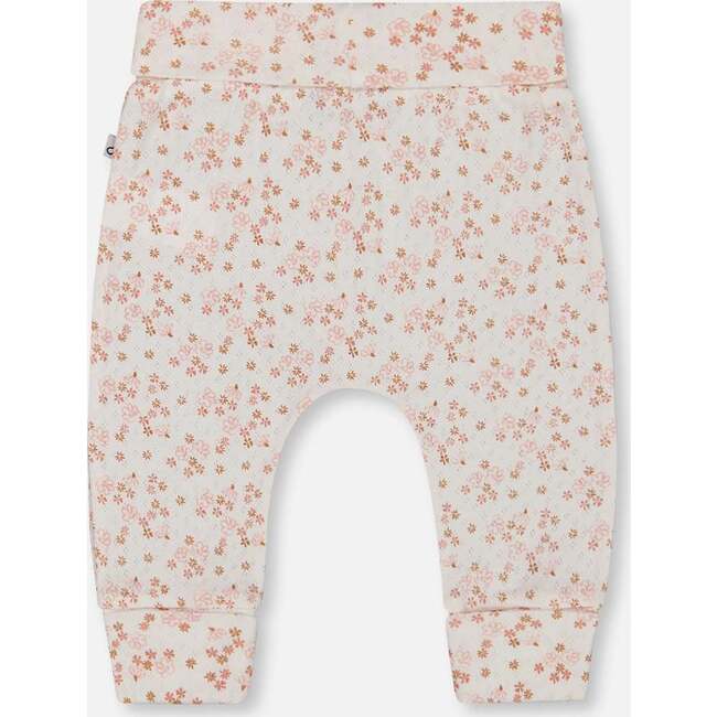 Organic Cotton Pointelle Evolutive Pant, White With Pink Flowers - Pants - 2