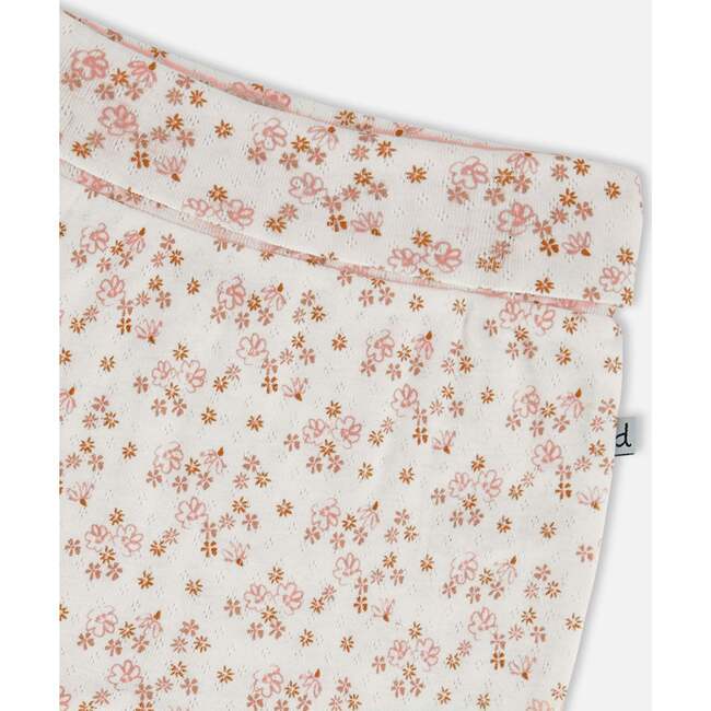 Organic Cotton Pointelle Evolutive Pant, White With Pink Flowers - Pants - 3