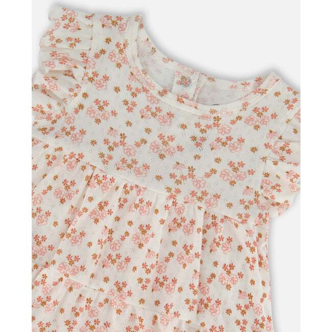 Organic Cotton Pointelle Romper, White With Pink Flowers - Rompers - 4