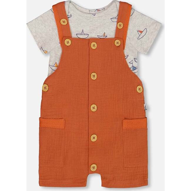 Organic Cotton Onesie And Muslin Shortall Set, Terracotta And Small Boat