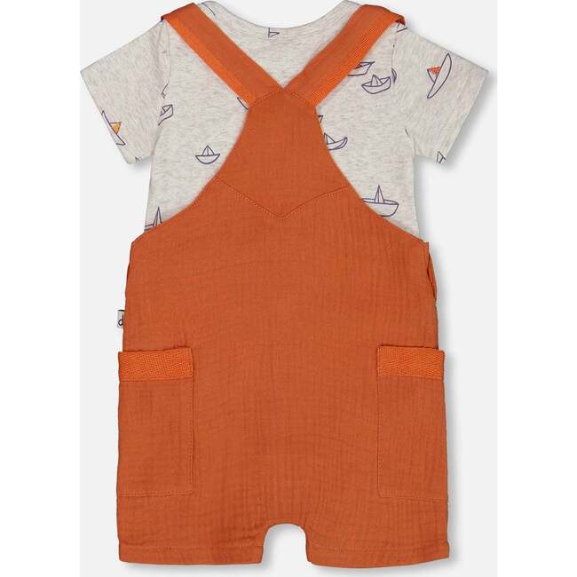 Organic Cotton Onesie And Muslin Shortall Set, Terracotta And Small Boat - Mixed Apparel Set - 2