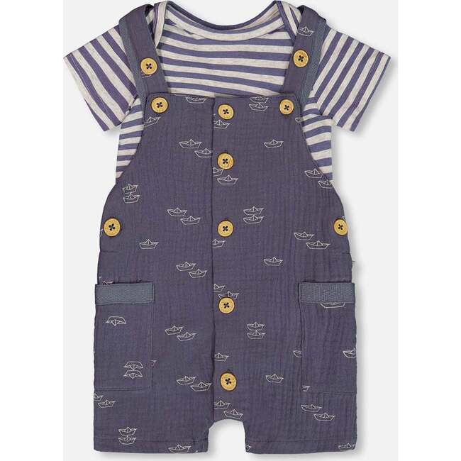 Organic Cotton Onesie And Muslin Shortall Set, Navy Blue Paper Boat - Mixed Apparel Set - 1