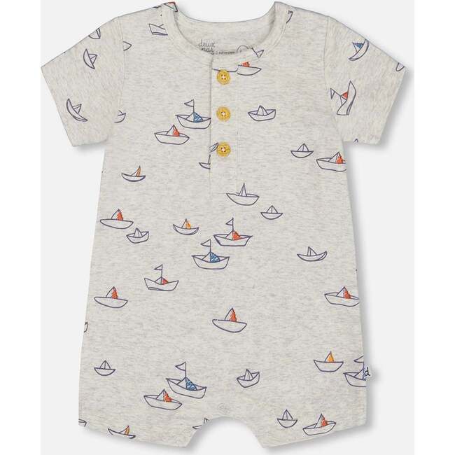 Organic Cotton One-Piece Romper, Heather Grey With Little Paper Boat