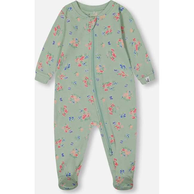 Organic Cotton One-Piece Pajama, Small Pink And Blue Flowers On Light Sage