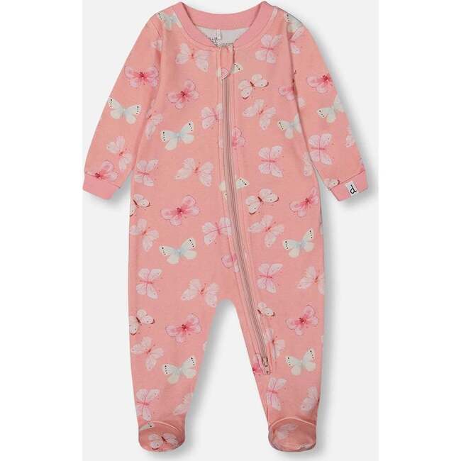 Organic Cotton One-Piece Pajama, Pink And Blue Butterflies On Old Pink