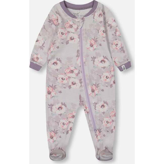 Organic Cotton One-Piece Pajama, Pale Pink Flowers On Neutral Lilac