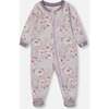 Organic Cotton One-Piece Pajama, Pale Pink Flowers On Neutral Lilac - Pajamas - 1 - thumbnail