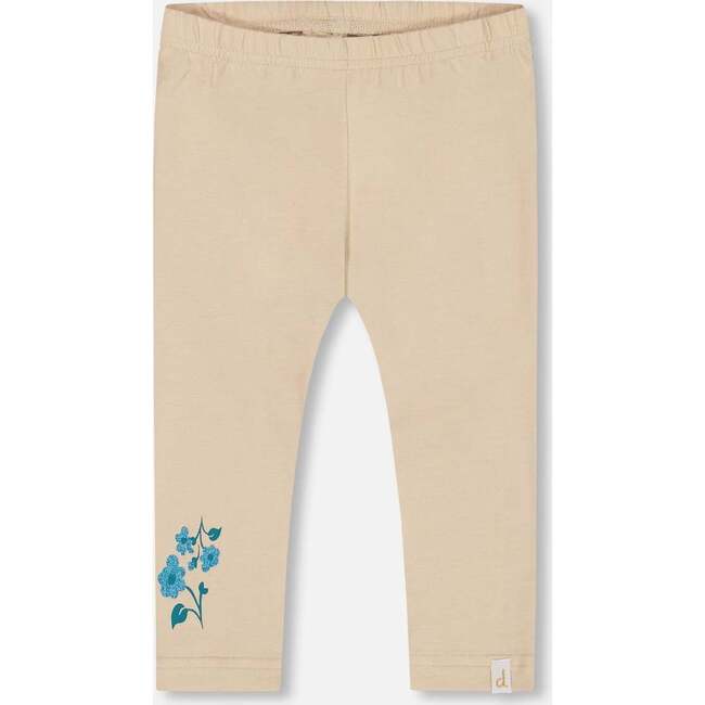 Organic Cotton Legging, Beige With Blue Flowers