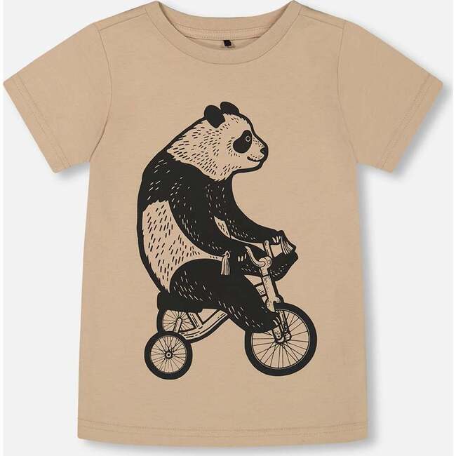 Organic Cotton Graphic Tee, Black Panda On Beige Background