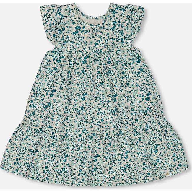 Organic Cotton Dress, Small Turquoise Flowers