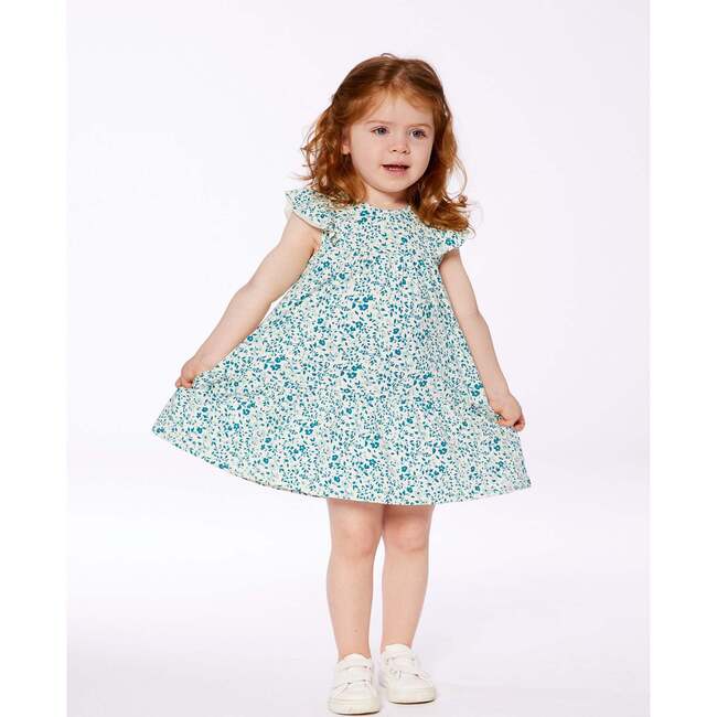 Organic Cotton Dress, Small Turquoise Flowers - Dresses - 3