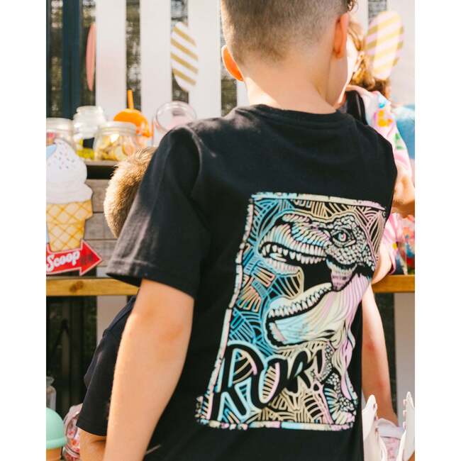 Organic Cotton Tee, Black And Multicolored Dino - T-Shirts - 3