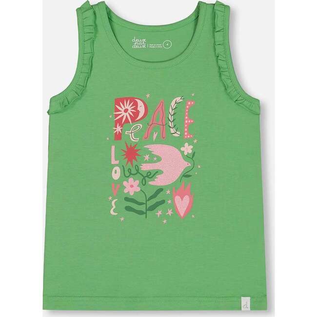 Organic Cotton Tank With Frills, Flowers On Green Background