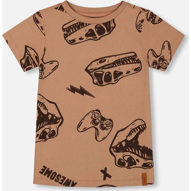 Organic Cotton Tee, Beige And Black Dinos