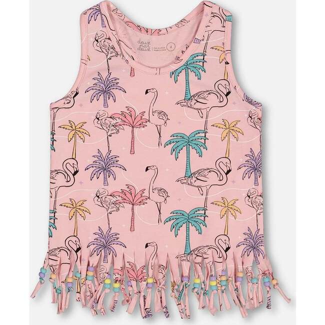 Organic Cotton Tank Top With Fringe, Palm Trees, Pink Flamingo, And Turquoise
