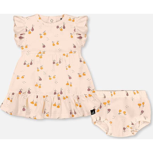 Organic Cotton Dress And Bloomer Set, Peach With Pears Print