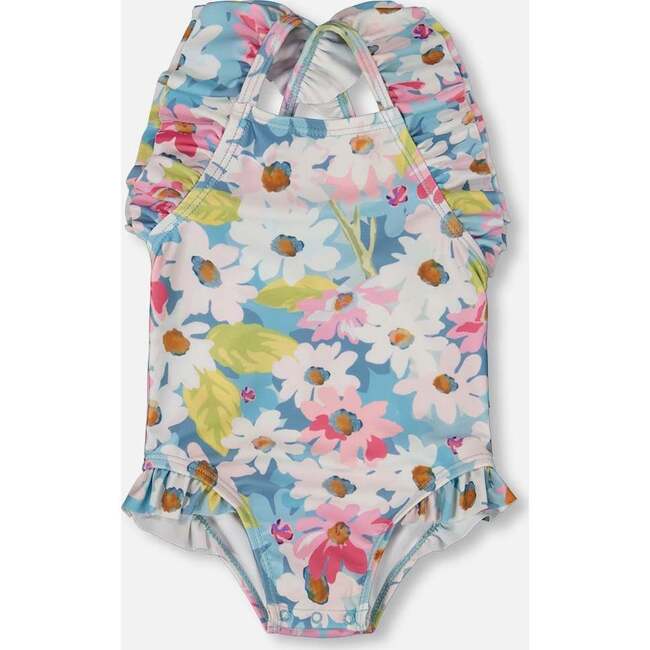 One-Piece Swimsuit With Frills, White, Pink, And Green Flowers