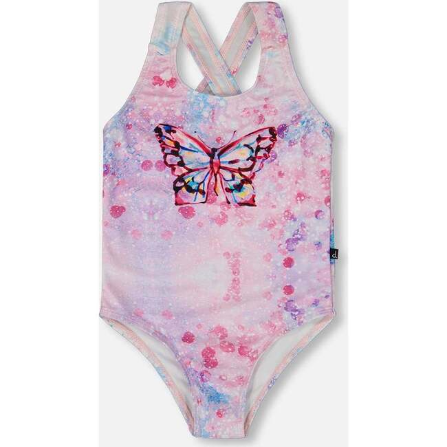One-Piece Swimsuit, Pink Butterflies With Bubble Effects