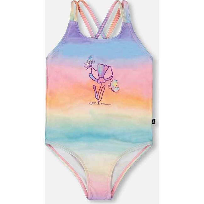 One-Piece Swimsuit, Flowers On Multicolored Background