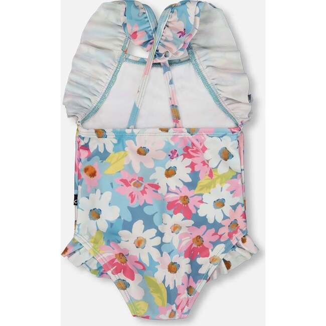 One-Piece Swimsuit With Frills, White, Pink, And Green Flowers - One Pieces - 3