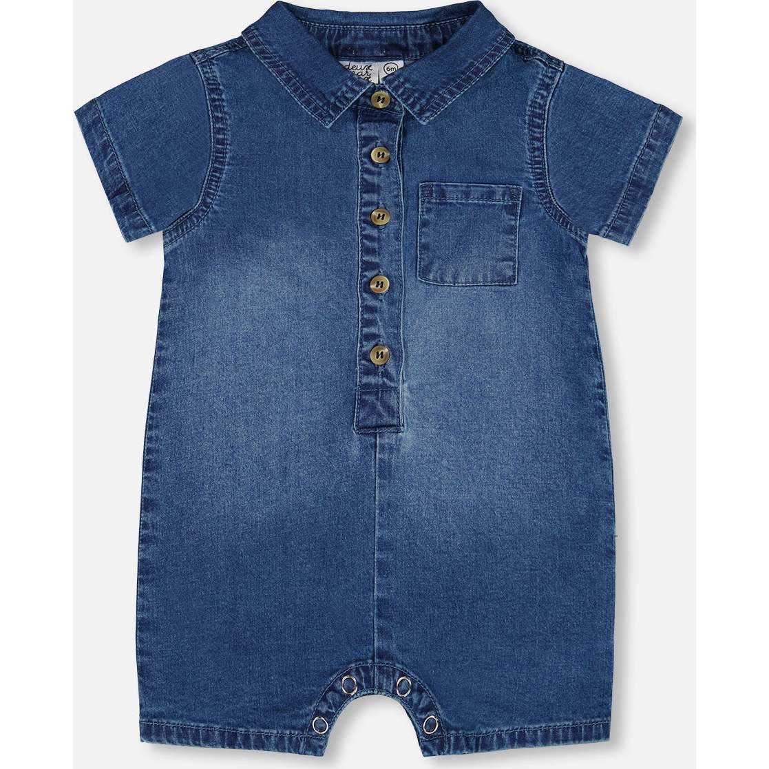 One-Piece Denim Romper, Dark Denim Blue - Rompers - 1