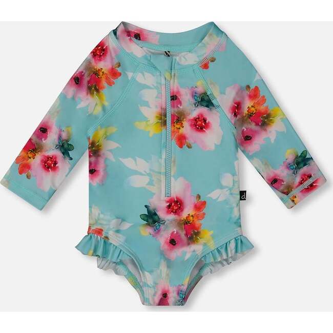 One-Piece Rashguard With Frills, Turquoise And Pink Flowers