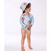 One-Piece Rashguard With Frills, Turquoise And Pink Flowers - One Pieces - 3