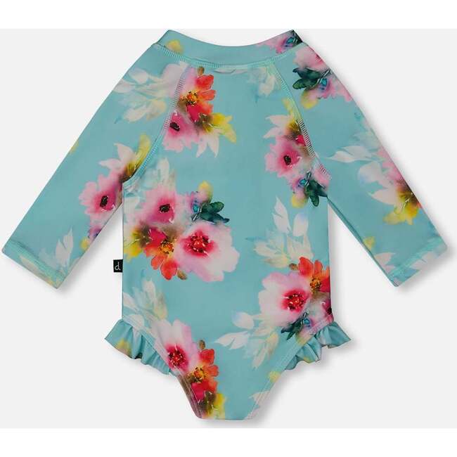 One-Piece Rashguard With Frills, Turquoise And Pink Flowers - One Pieces - 4