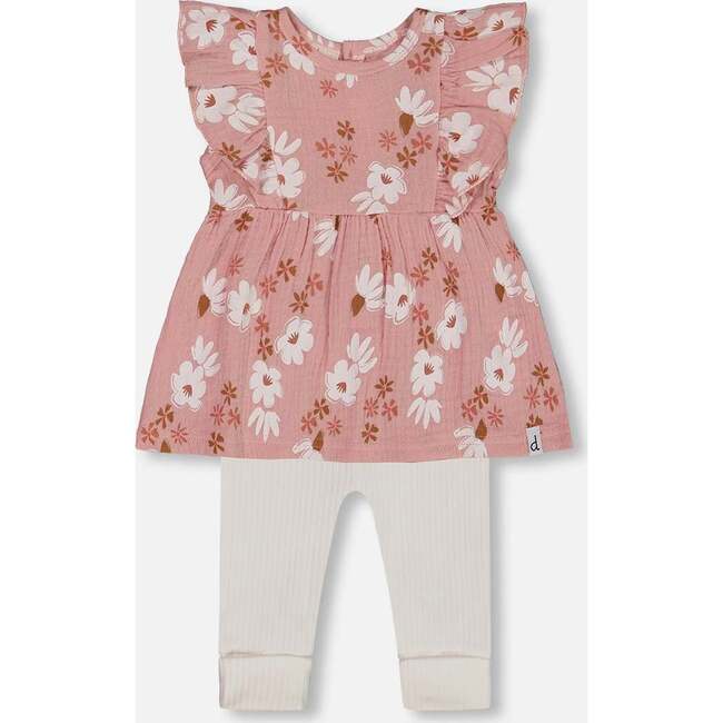 Muslin Tunic And Rib Leggings Set, Pink And White Flowers